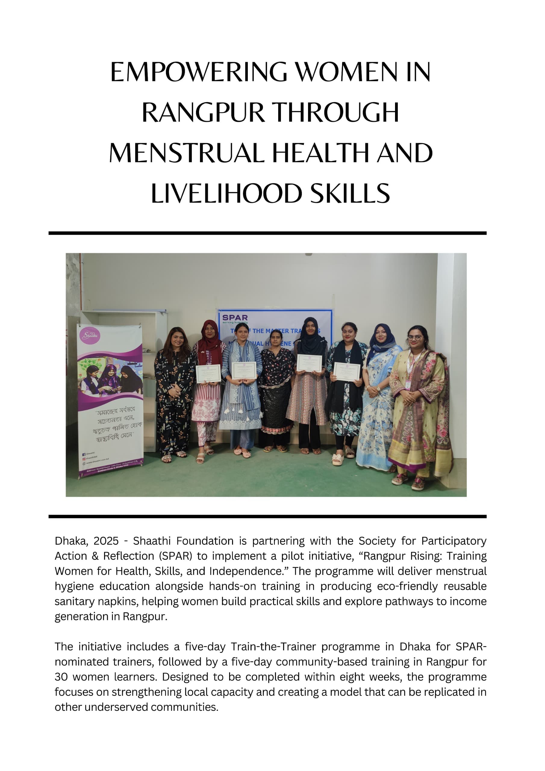 Empowering Women in Rangpur Through Menstrual Health and Livelihood Skills